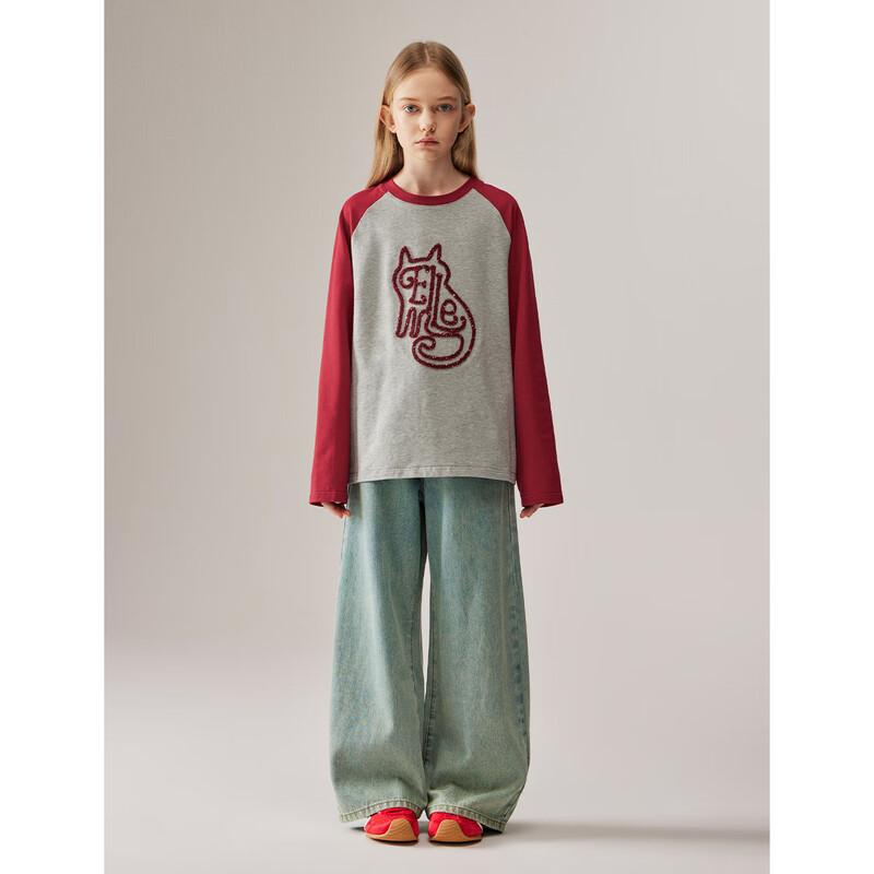 ELLE KIDS Girls Dog Embroidery Colorblock Long Sleeve T-Shirt 160