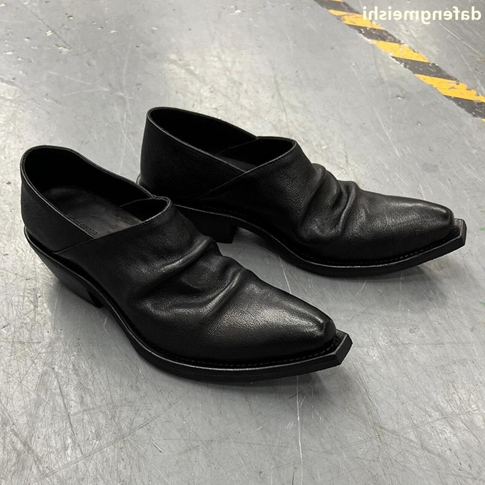 Mocasini de damă cu vârf ascuțit, plisat retro la modă, cu toc gros, slip-on, din piele neagră, pantofi din piele pentru bărbați/femei, balerini din piele naturală, pantofi casual