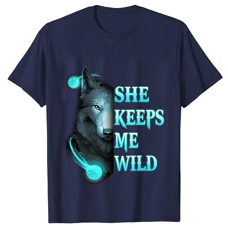 She Keeps Me Strong He Keeps Me Safe Couple Matching T Shirt Wolf Couple T Shirt Casual Black LOVER Shirt Tops Valentine Shirts