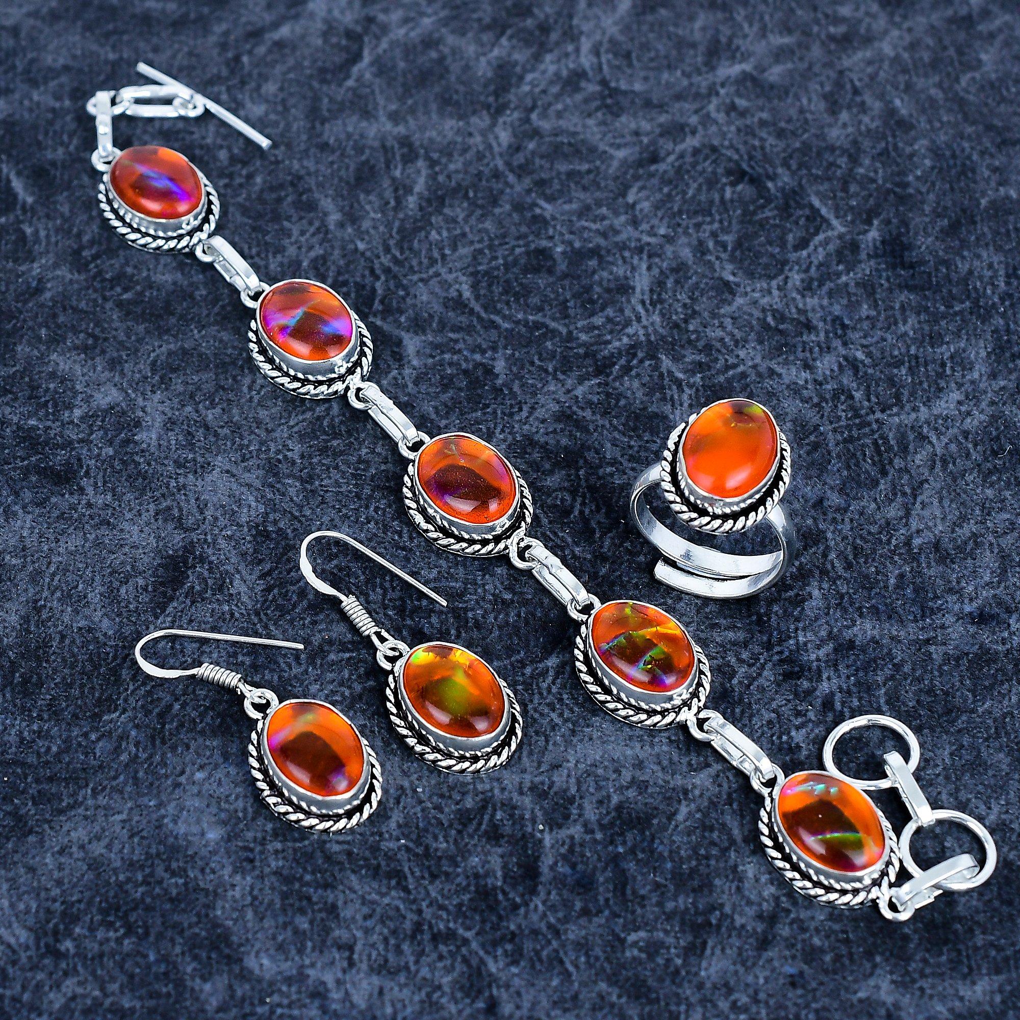 

Orange Triplet Opal Gemstone Handmade 925 Sterling Silver Jewelry Set M-3195