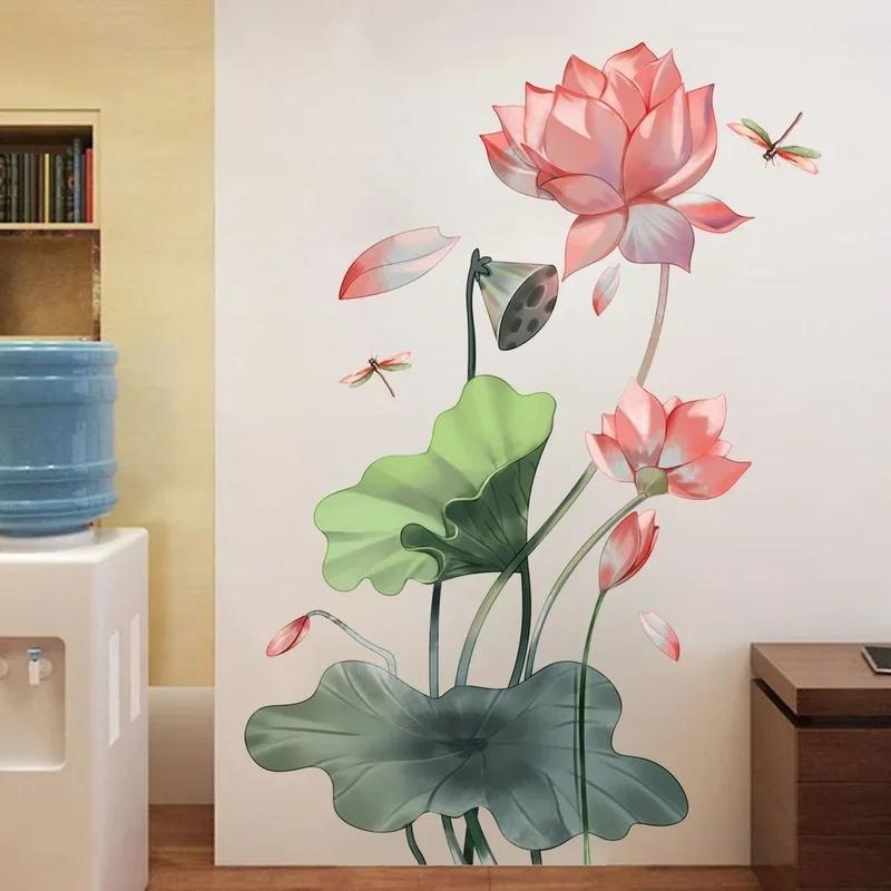 Removable Art Sticker Creative Bedroom Decorative Wallpaper Lotus Dragonfly Wall Sticker Living Room Wall Background Home Decor