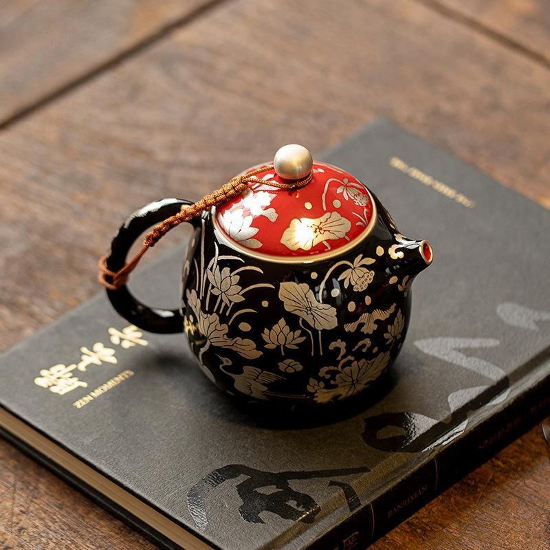 Black Glazed Silver Pattern Ceramic Sketch Pot KungFu TeaSet Household Ball Hole Filter Teapot A Heron Lotus Life Dragon Dan Pot