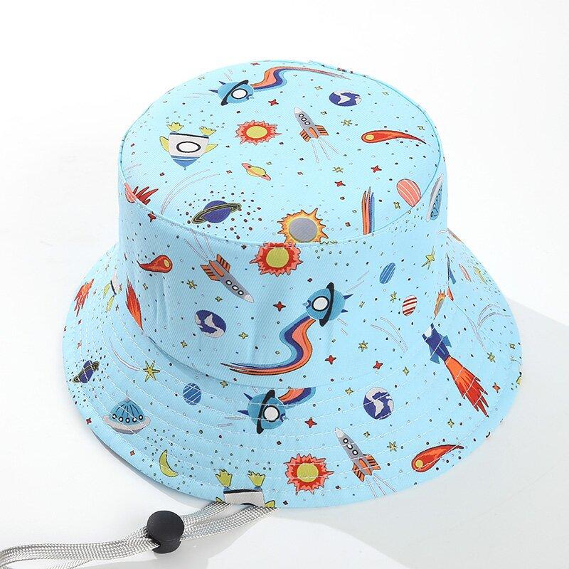 Kids Summer Sun Protection Cap Spaceship Planet Print Bucket Hat Wide Brim Fisherman Hats Boys Girls Outdoor Beach Basin Caps