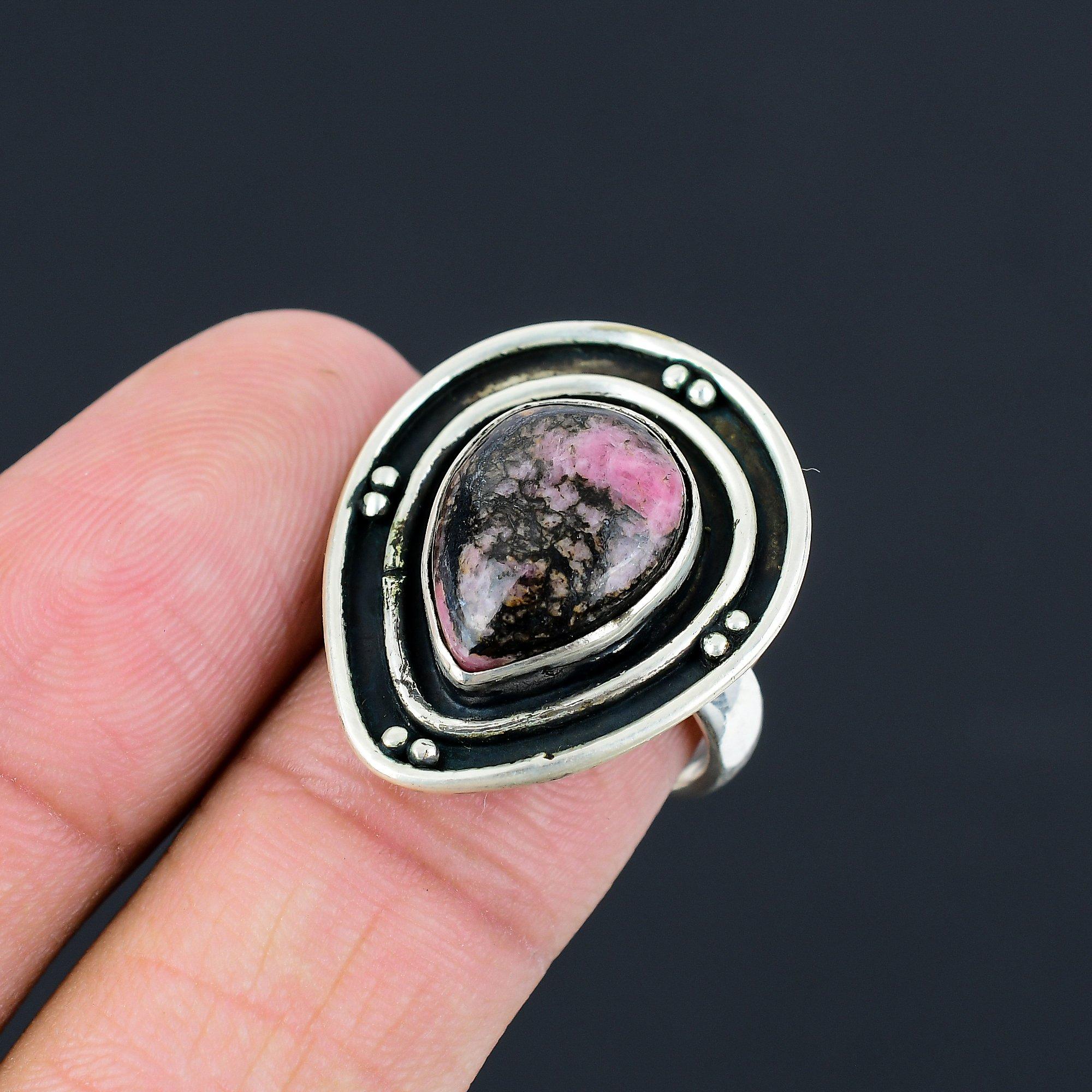 Daughters Day Sale Rhodonite Stone Elegant Statement Ring Size 8 Sterling Silver 8
