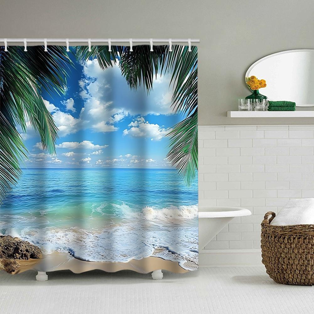 1/4 Seaside scenery shower Curtains, Toilet Seat Decoration, Shower Curtain with Carpet and Toilet Lid, 12 70.8x70.8 inch Hooks