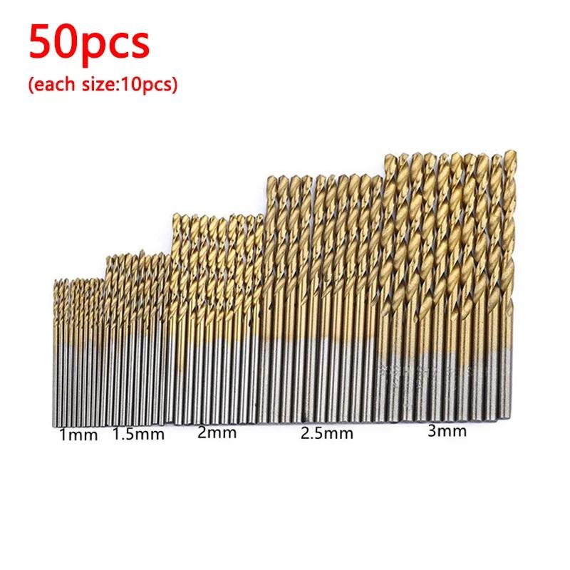50Pcs 1/1.5/2/2.5/3mm Twist Drill Set Anti-rust Wear Protection High Speed Steel Titanium Coated Drill Bit Landin Drill Bit Set