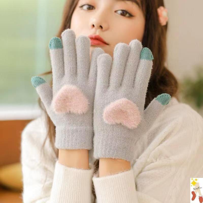 Warm gloves women's five-finger all-finger gloves peach heart meng knitted velvet middle school student cold-proof love gloves