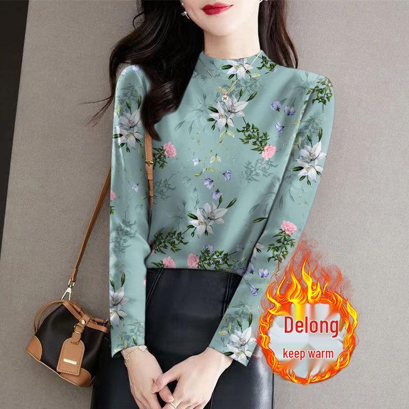 Women's Ribbed Velvet Floral Top, Half-High Neck, Long Sleeve, Slimming, Versatile, Age-Reducing, Perfect for Autumn/Winter.