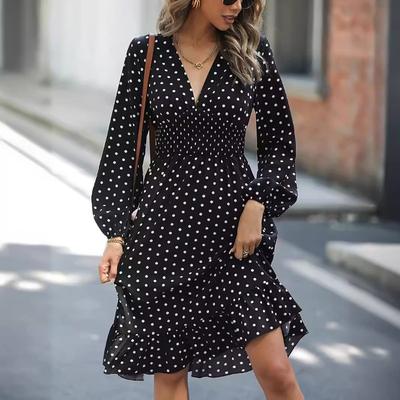 Women's Waist Slimming Polka-dot Long-sleeved Dress