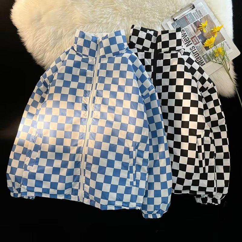 Palton reversibil în carouri Jachetă largi pentru damă cu guler