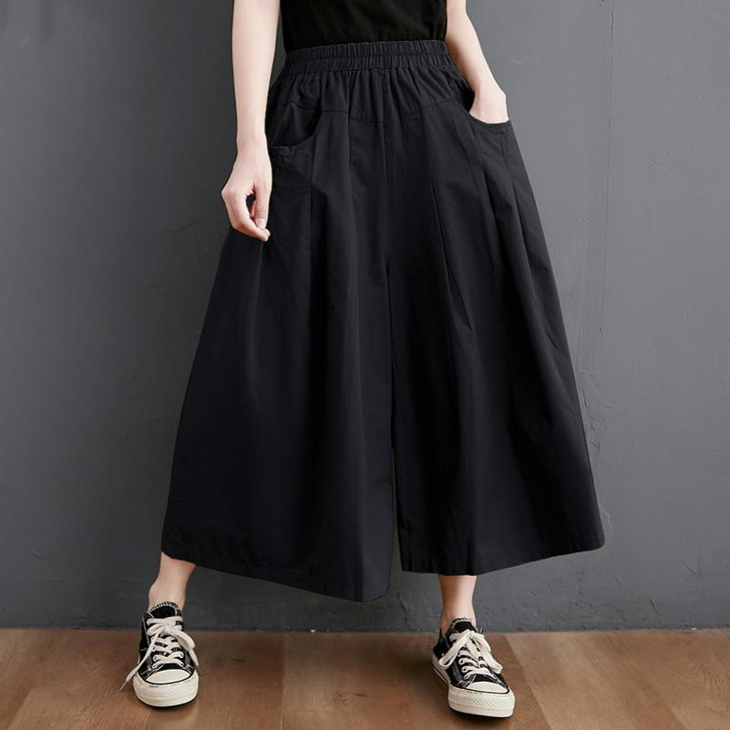 Летние хлопковые повседневные брюки, эластичный пояс, тонкие брюки-клеш, повседневные кюлоты, однотонные брюки-клеш S чёрный