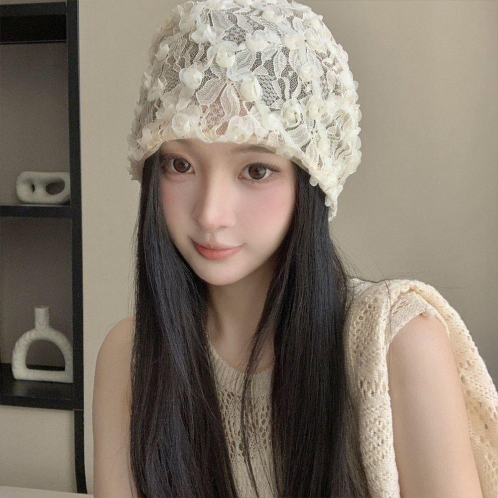 Lace Flower Stacked Hat Thin Soft Pullover Hat Creative Cap  Spring Summer