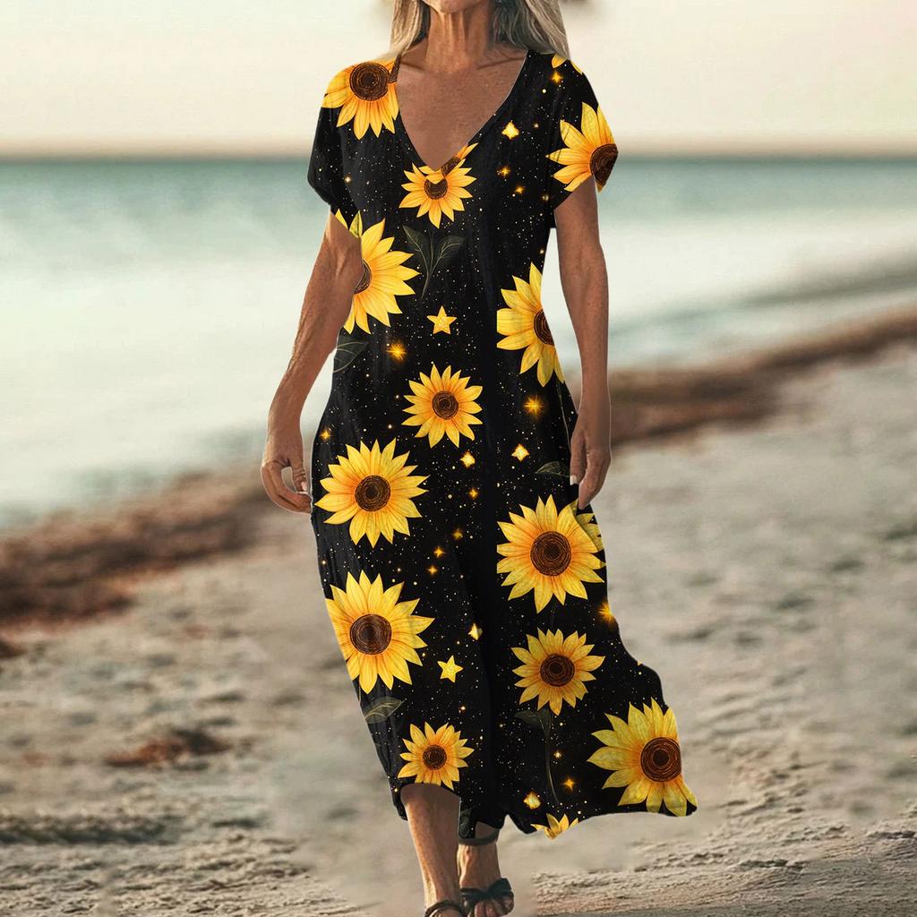 Fashion Women's Summer V-neck Short Sleeve Cotton And Linen Vintage Floral Print Beach Dress