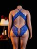Plus Size Blue Deep V Open Bra Sexy Lingerie Backless Crotchless Bodysuit Porno Underwear For Erotic Lace Sheer Teddy Babydoll