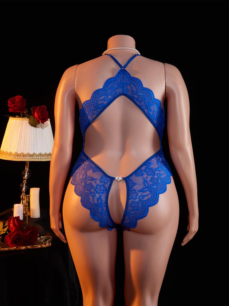 Plus Size Blue Deep V Open Bra Sexy Lingerie Backless Crotchless Bodysuit Porno Underwear For Erotic Lace Sheer Teddy Babydoll