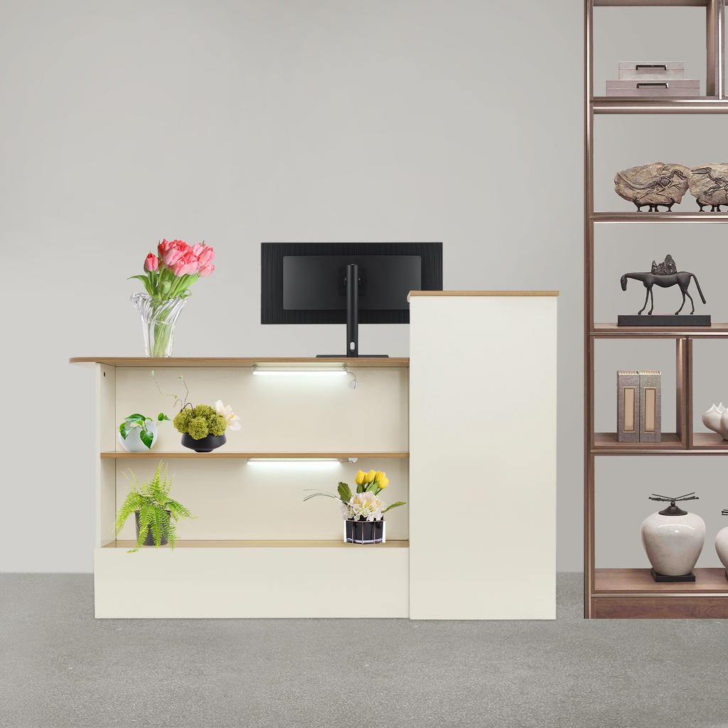 150*50*100cm Rectangle Solid Wood Reception Desk,Warm White+Log Color Reception Desk with a Lockable Drawer for Offices,Shops