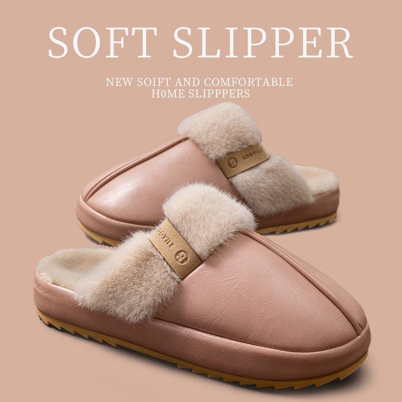 Waterproof cotton slippers autumn and winter 2025 new home warm thick bottom PU leather surface antibacterial cotton slippers