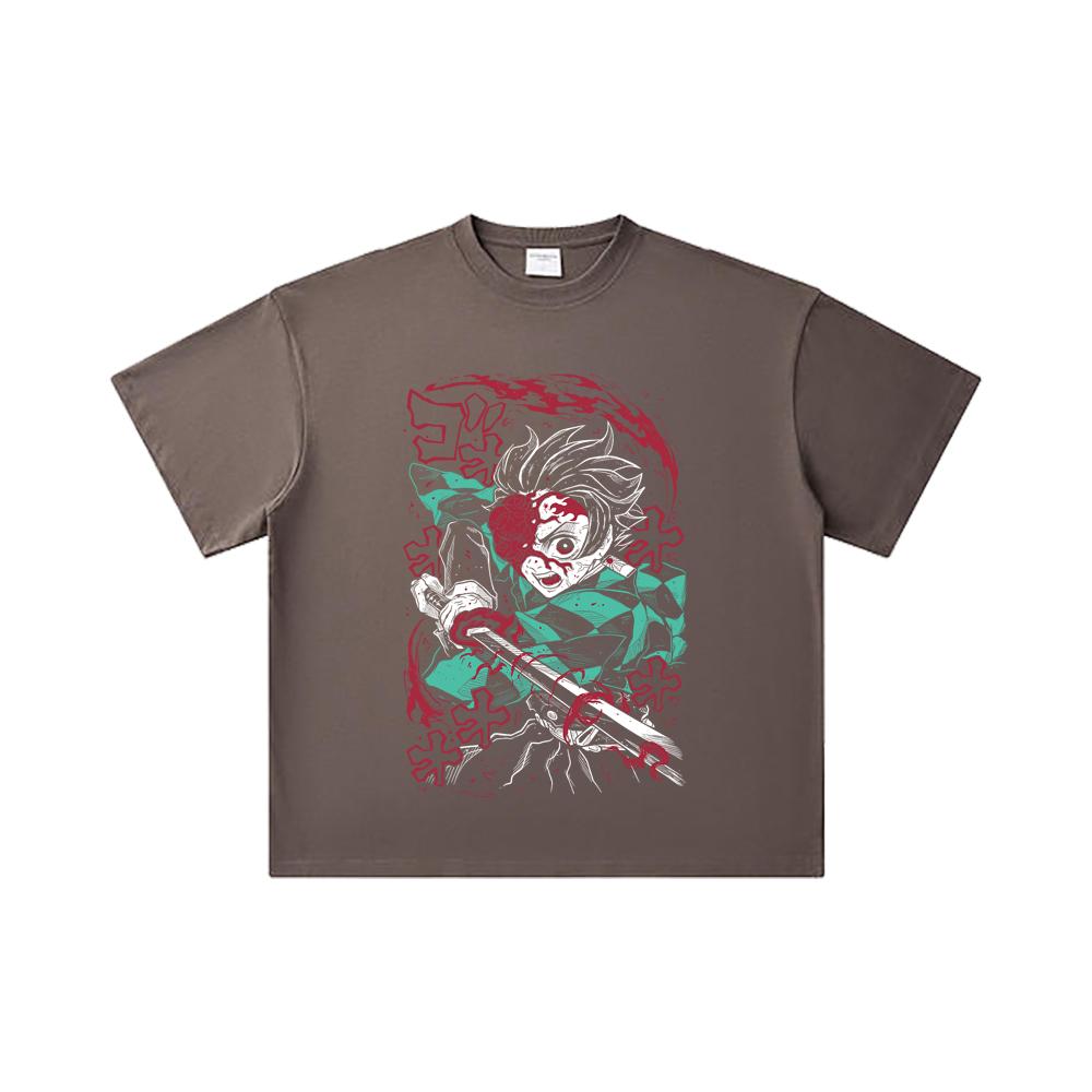 260 GSM Double Yarn 32 Count 100% Cotton Demon Slayer V41 Demon Tanjiro Print Unisex Heavy Cotton T Shirt