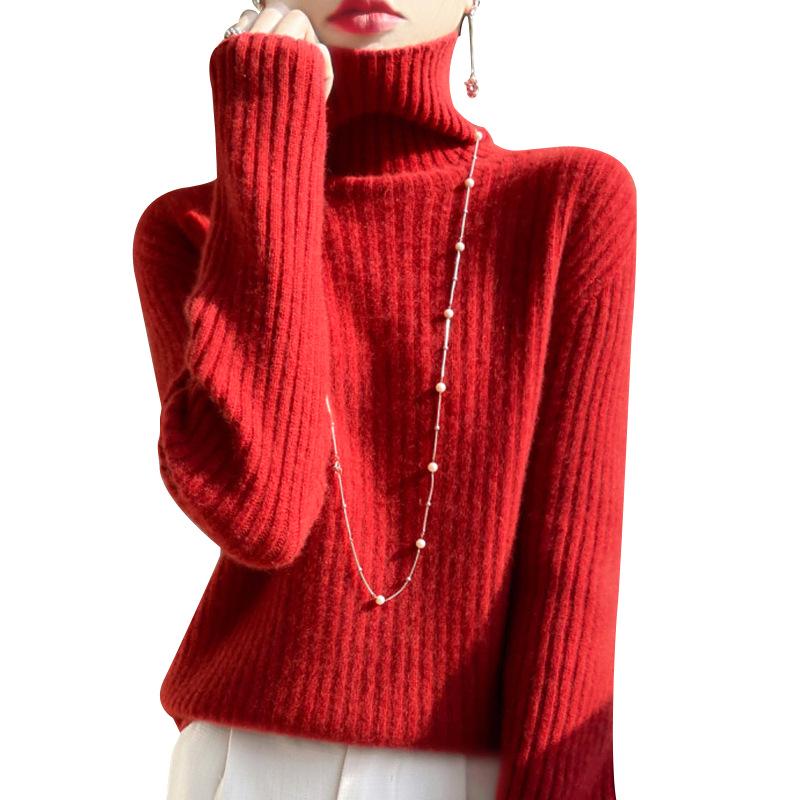 Women's High-Neck Wool Sweater: Seven-Needle Double-Strand, Thickened Vertical Rib Knit, Loose Fit, Long-Sleeved Autumn/Winter Base Layer.
