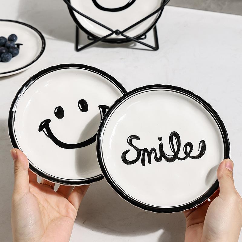 6PCS Smiling Plate Set Korean INS With Metal Rack Dessert Ceramic Plate Fruit Cake Dish Breakfast Bread Tray Dishs Decor Display