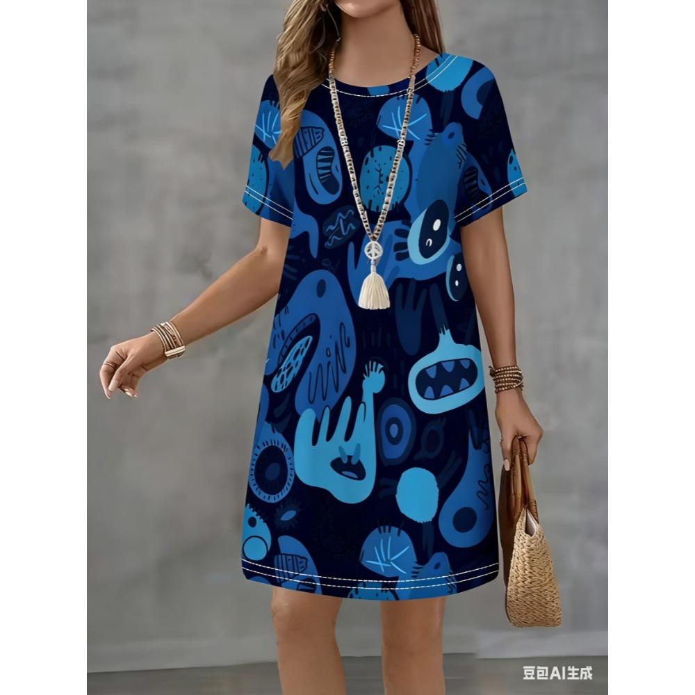 Mini-Kleid mit Rundhalsausschnitt ist für den Sommer und alle Jahreszeiten geeignet.. Es hat einen lockeren Schnitt.