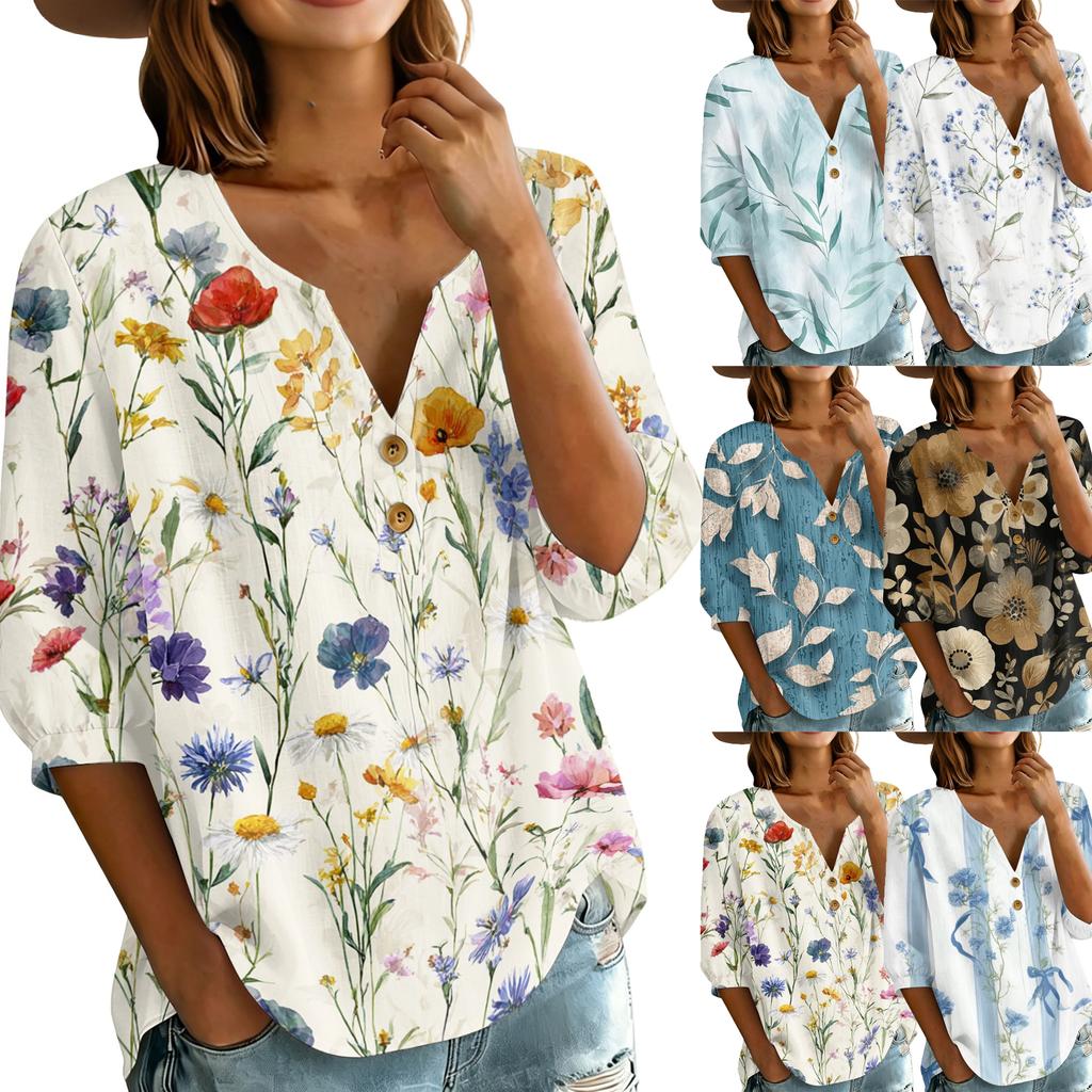 Women’s Casual Floral Print Henley Neck Cotton Linen Shirt Three Quarter Sleeve Button Front Loose Fit Blouse Top