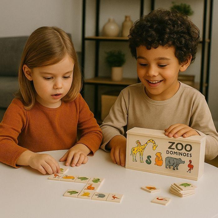 Dřevěné domino se zvířátky 28 barevných dílků pro děti Učení tvarů a barev