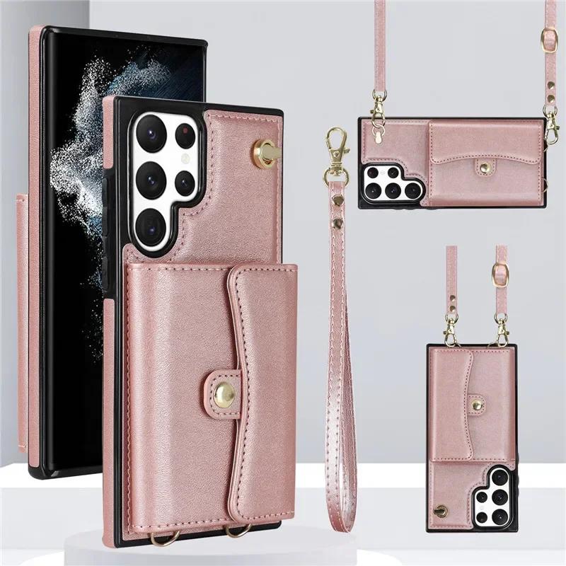Lanyard Leather Wallet Phone Case for Samsung Galaxy S25 S24 Plus S23 FE S22 Ultra S21 S20 S10 Note 20 Flip Stand Cover Back Bag