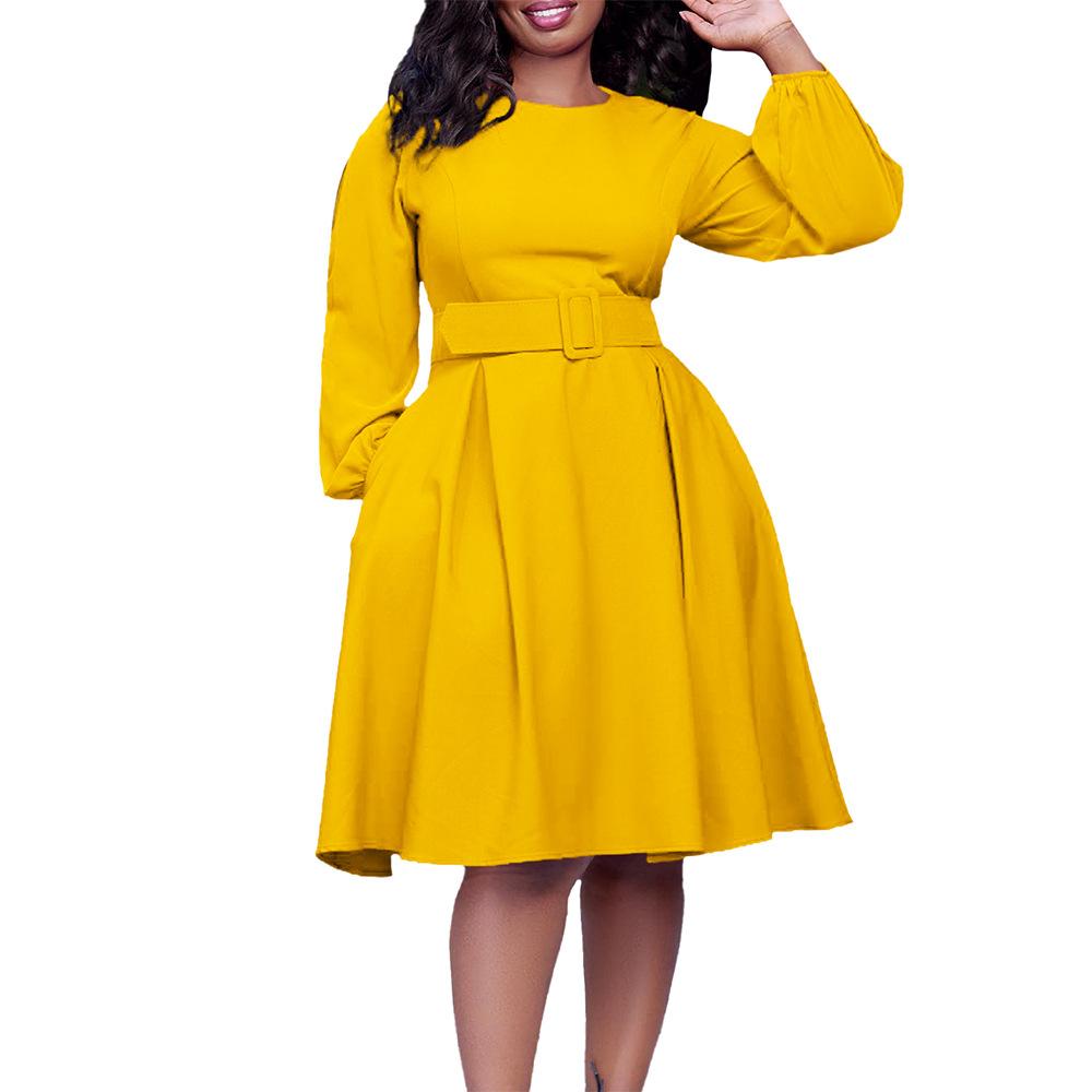 Plus Size Spring and Autumn Women's Dress Long Sleeve Elegant Temperament Round Neck Swing Dress with Belt