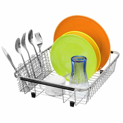 SANNO Expandable Wire Dish Drainer, Sliding Dish Drainer, Dish Drainer Rack, Kitchen Rack, Dish Holder with Cutlery Holder, Stainless Steel