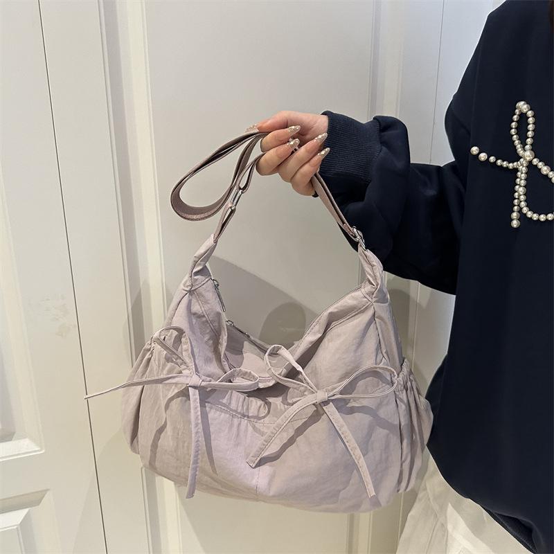 Pleated Bow Knot Tote Bag for Women Cotton Large Capacity Shoulder Crossbody Bag