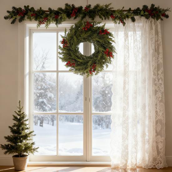 24 Inch Christmas Norfolk Pine Wreath for Front Door Artificial Greenery Cedar Wreath with Red Berry for Farmhouse Indoor Outdoor