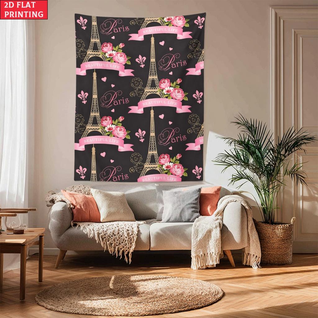 Paris Eiffel Tower Rose Pattern Wall Tapestry Romantic French Style Home Decor 2D Flat Printing