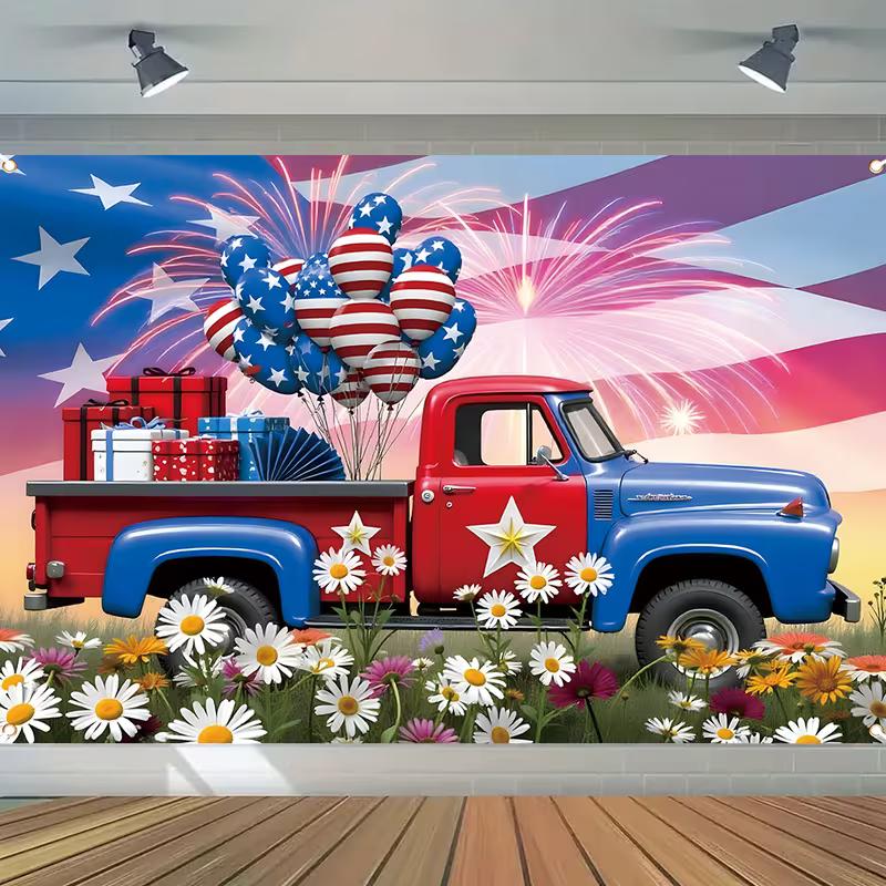 2D Red White Blue Vintage Truck with Balloons Photo Background