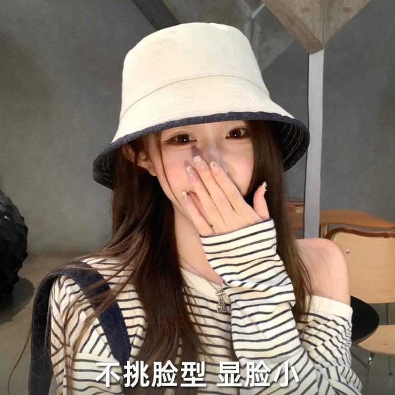 Double-sided Bucket Hat Women's Autumn Retro Denim Plain Face Small Versatile Sun Hat Advanced Sense