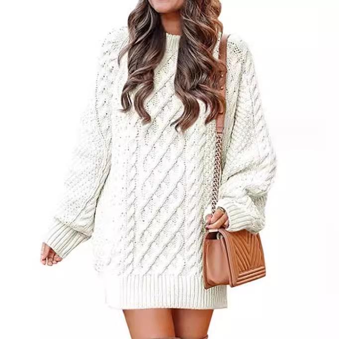 European & American Women's Oversized Cable Knit Sweater Dress - Round Neck, Long Sleeve, Mid-Length, Warm