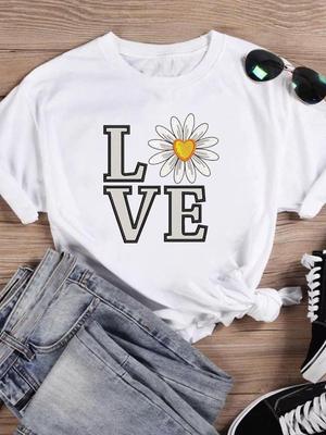 (Asian Size) Women's Top T Clothing Casual Fashion Print Female Love Heart Sweet Cute Floral Casual Graphic Tee Short Sleeve T-shirts