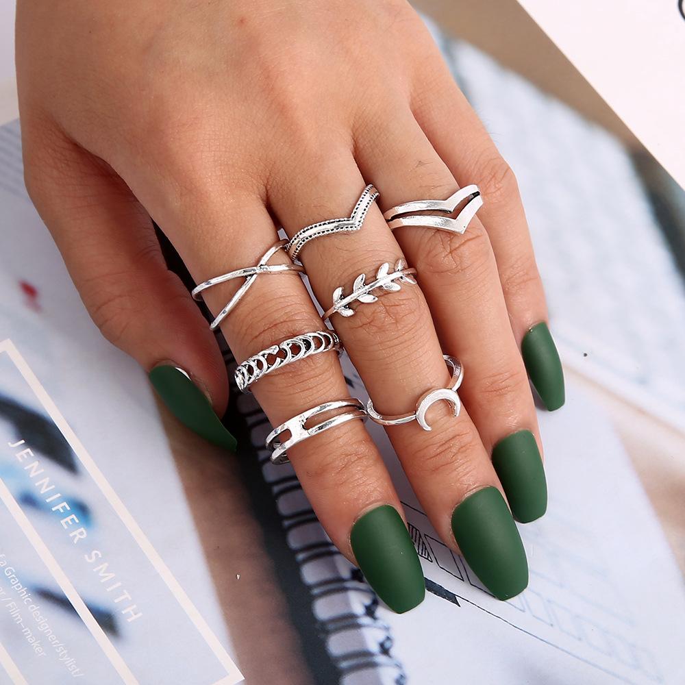 7pcs/set Moon Leaf Double V Double Layer Cross Ring