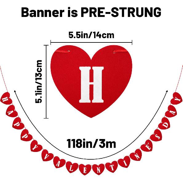 Happy Valentines Day Felt Banner No DIY Valentines Day Banner Pre-Strung Valentine's Day Felt Heart Garland for Valentine's Day Decorations