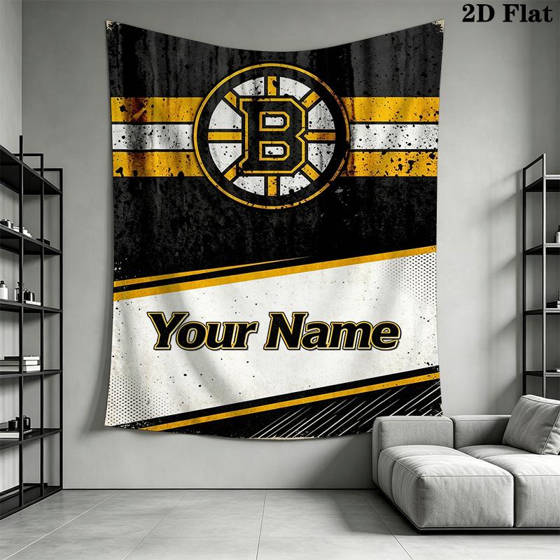 Name Custom Boston Bruins Logo Wall Tapestry Aesthetic Wall Hanging Printed Fabric Blanket Decorative Tapestries for Bedroom Living Room Home Decor