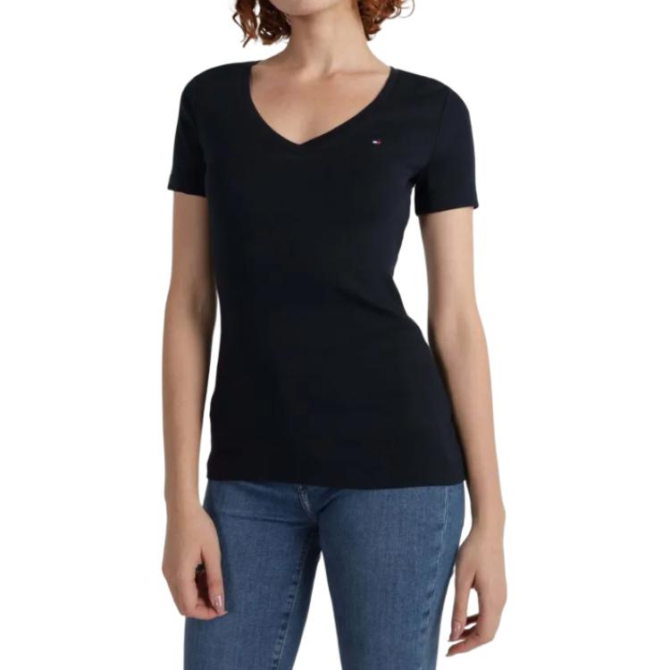 Tommy Hilfiger Logo Print V-Neck Short Sleeve T-Shirt Women Tops Deep-Sea-Blue 7648538-079