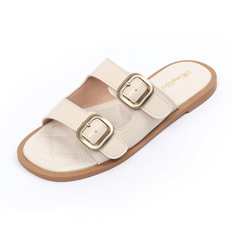 Mode Damsandaler med spänne Nya 2024 Bekväma platta tofflor Bekväma sandaler Casual strandskor Dubbelrem Justerbara platta tofflor