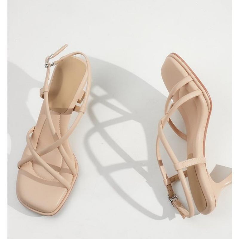 2025 New French Cross-strap Square Head Sandals Women's Summer Temperament High Heels Versatile Stiletto Roman Shoes