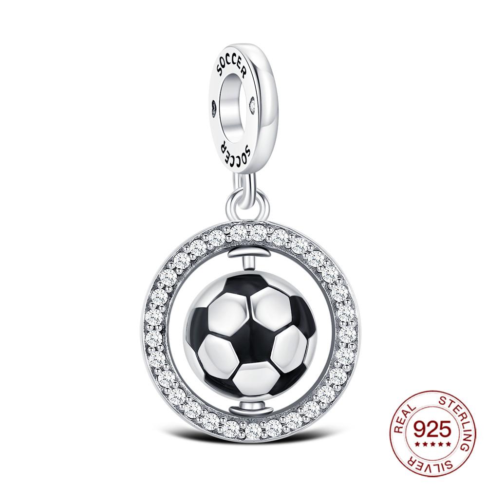 925 Silver Football Charm Sports Brazil Argentina Football Star No. 10 Jersey Beads Fit For Original Bracelet DIY Jewellery Gift
