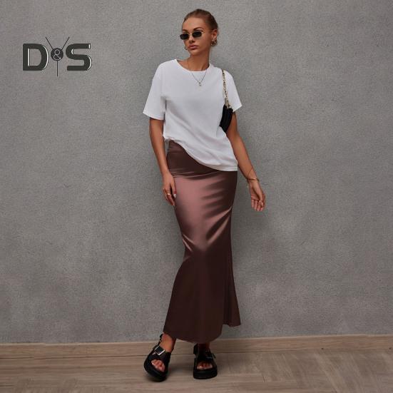 Women Fishtail Skirt with Large Hem High Waist Hip Wrapped Imitation Silk Maxi Skirt Solid Color Slimming Satin Skirt