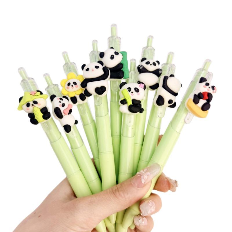 10Pcs Cute Panda Neutral Pen for Students, Cartoon Patch, Wind-pressed Erasable Pen, Patch Pen Creative Stationery