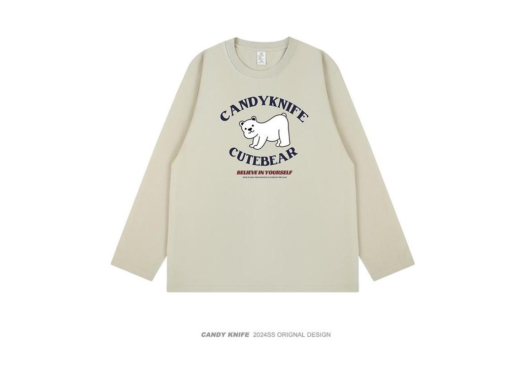 Korean INS Style Cartoon Print Couple Long Sleeve T-Shirt - Autumn/Winter, Pure Cotton, Loose Fit, Round Neck Top