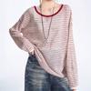 Red Backless Striped Long-sleeved Sun Protection Cover-up T-shirt for Women Summer New Dopamine Back Hollow Top