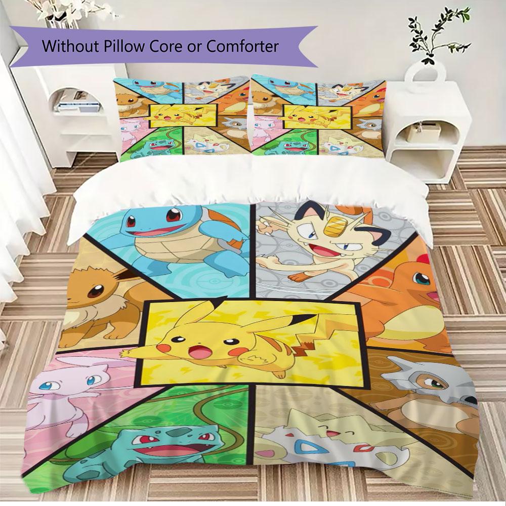 Set di biancheria da letto con stampa Pokémon da 3 pezzi include una copripiumino e una coppia di federe (riempimento non incluso), perfetto per l'uso in camera da letto.
