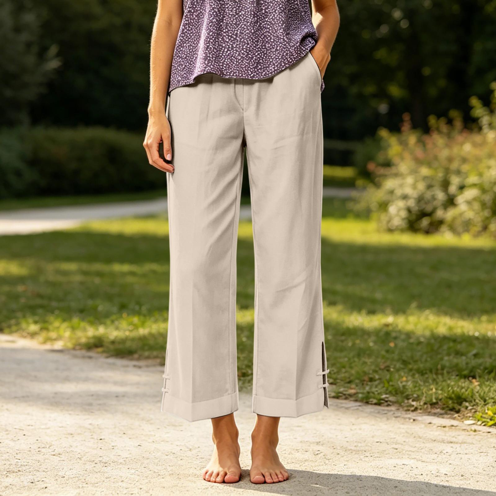 

Women Linen Casual Dress Pants Straight Leg Summer Elastic Waistband with Pockets Suitable for Beach Travel and Everyday Wear S бежевий
